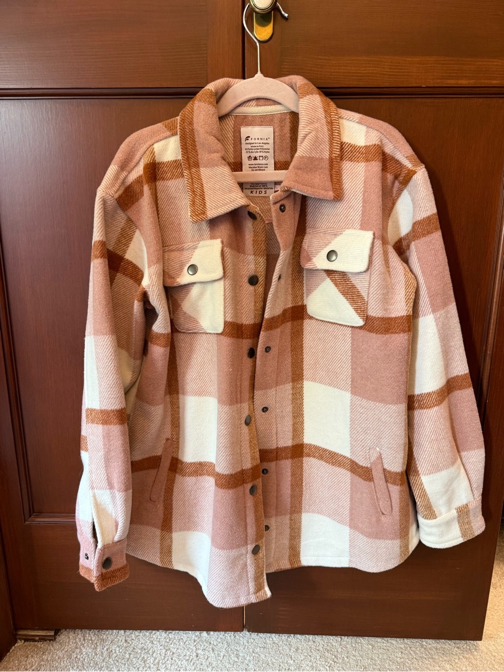 Kids Button-Down Plaid Shacket - Pink & Cream